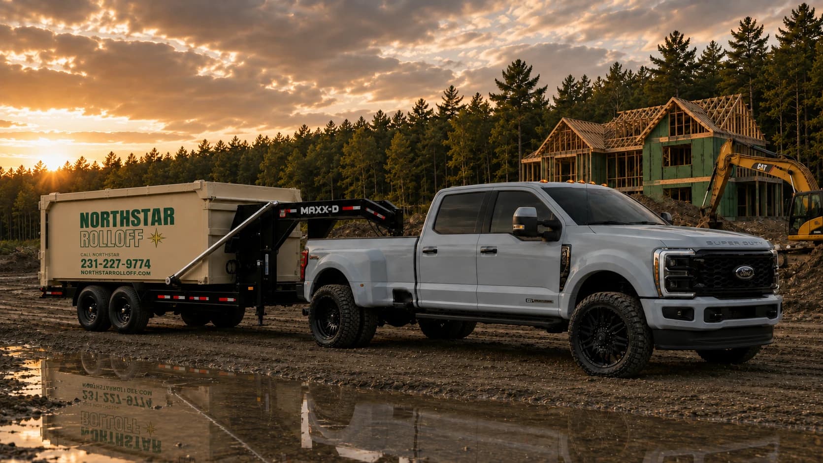 Northstar truck, roll-off trailer, and branded dumpster at a Northern Michigan construction site